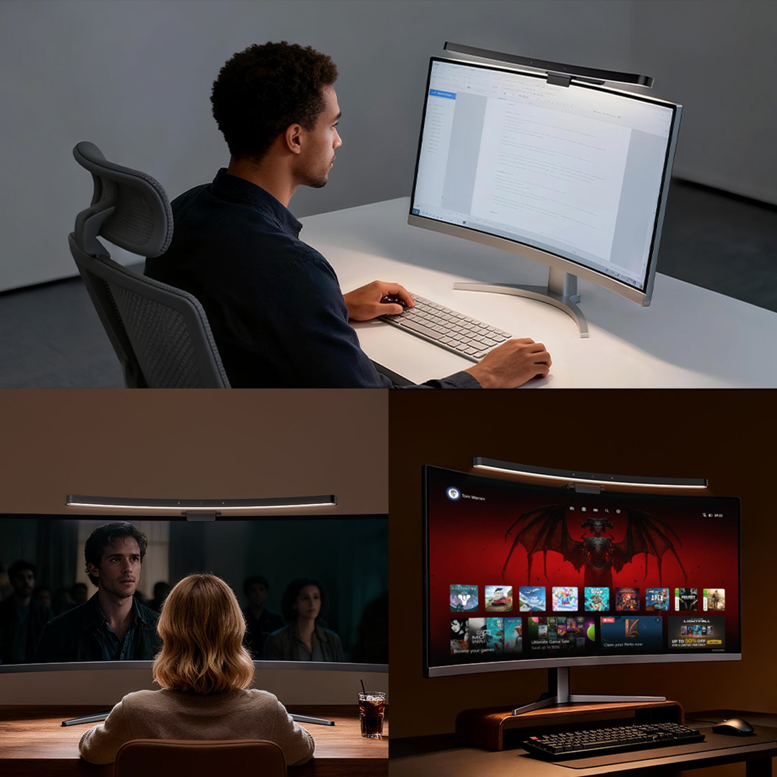 Touch control monitor light bar with adjustable brightness and color temperature for desk setup.