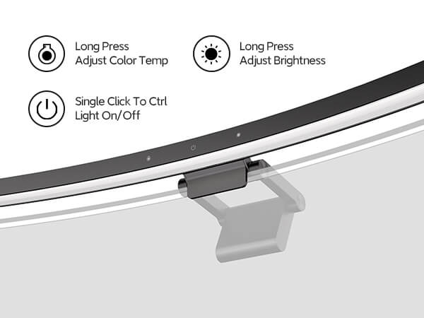 LYMAX D010 curved monitor light touch control diagram, single click power on/off, long press adjust brightness and color temperature