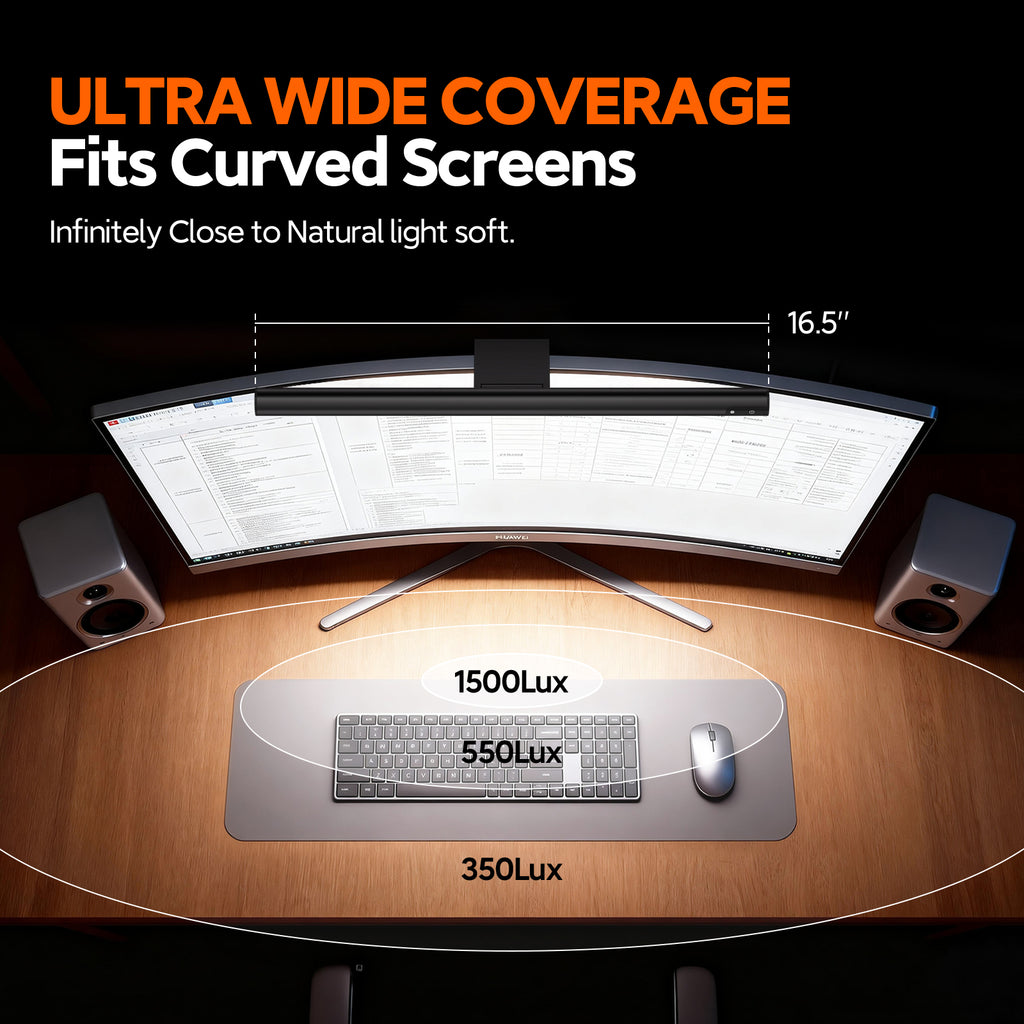 16.5 inch monitor light bar with ultra wide illumination coverage up to 1500 Lux, perfectly fits curved screens.