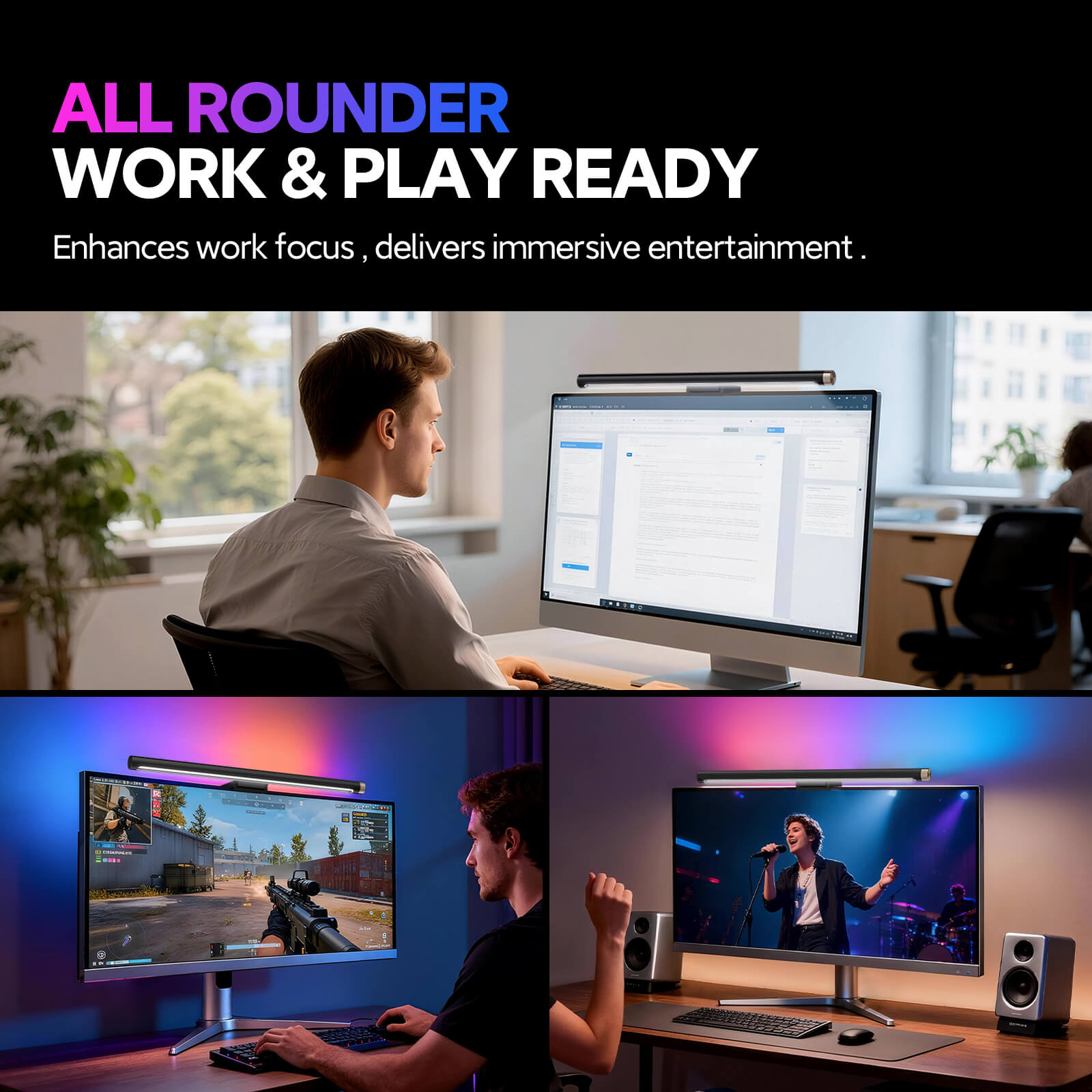 LYMAX Pro Monitor Light Bar showing three diverse scenarios: enhancing focus during remote work office tasks, providing immersive RGB lighting for gaming setup, and creating cinematic backlighting for home entertainment and movies.