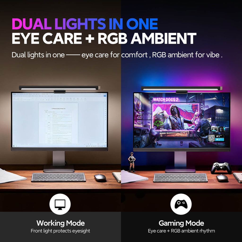 LYMAX Pro Monitor Light Bar showing dual modes: eye-care task lighting for working mode and RGB ambient light for gaming mode vibe.