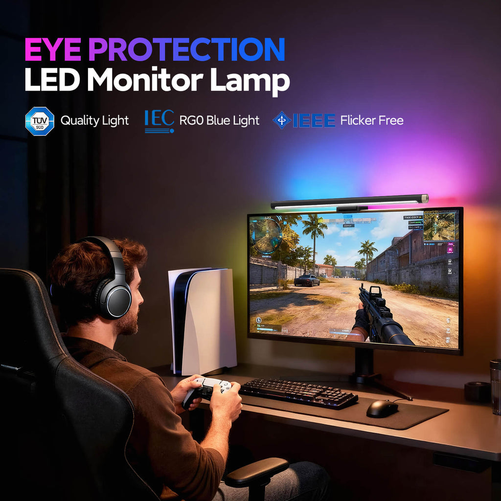 LYMAX Pro LED Monitor Lamp with TUV quality certification, IEC RG0 anti-blue light, and IEEE flicker-free eye protection features for gaming setup.