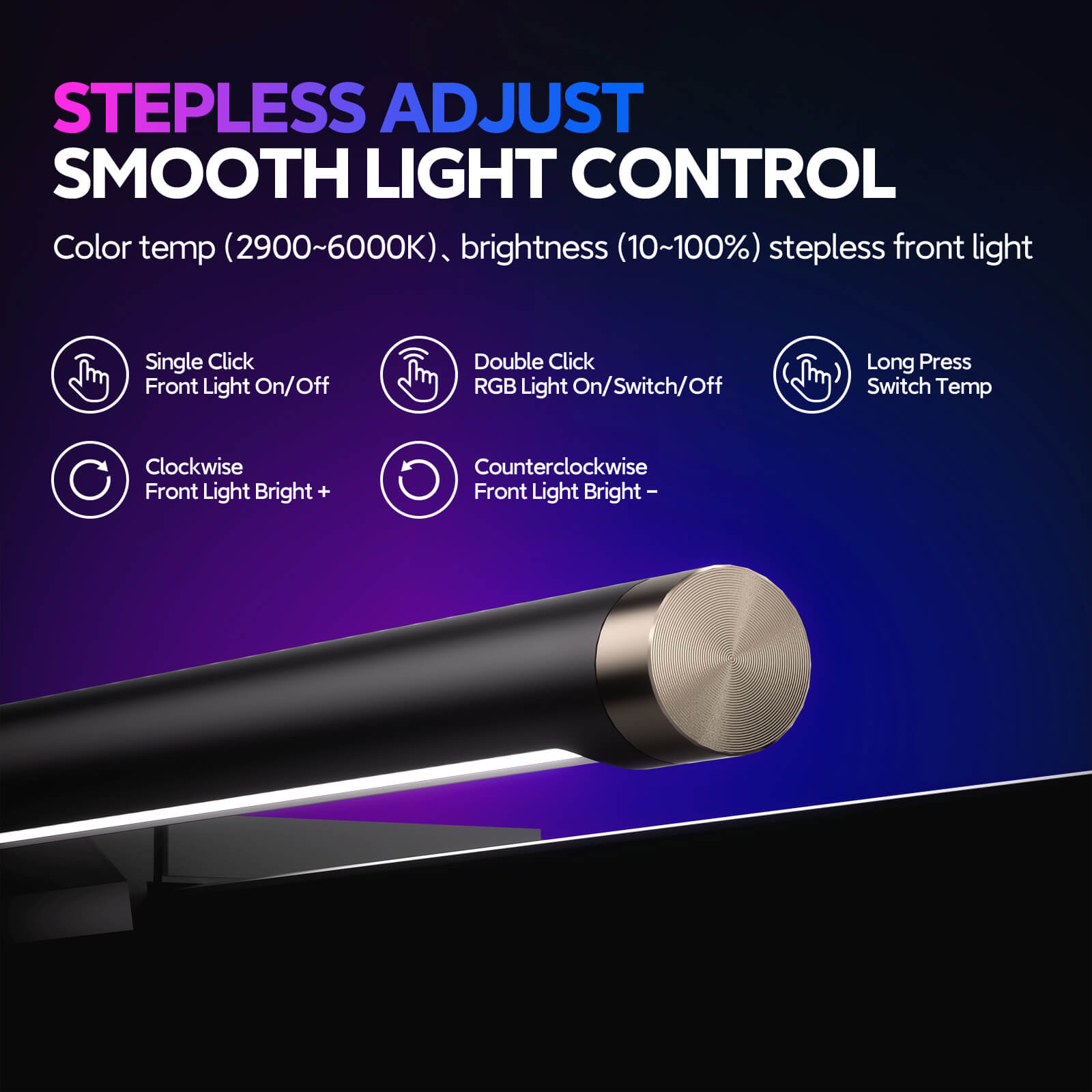 LYMAX Pro RGB Monitor Light Bar with stepless dimming, adjustable 2900K-6000K color temperature, and smooth touch controls for front and backlight.