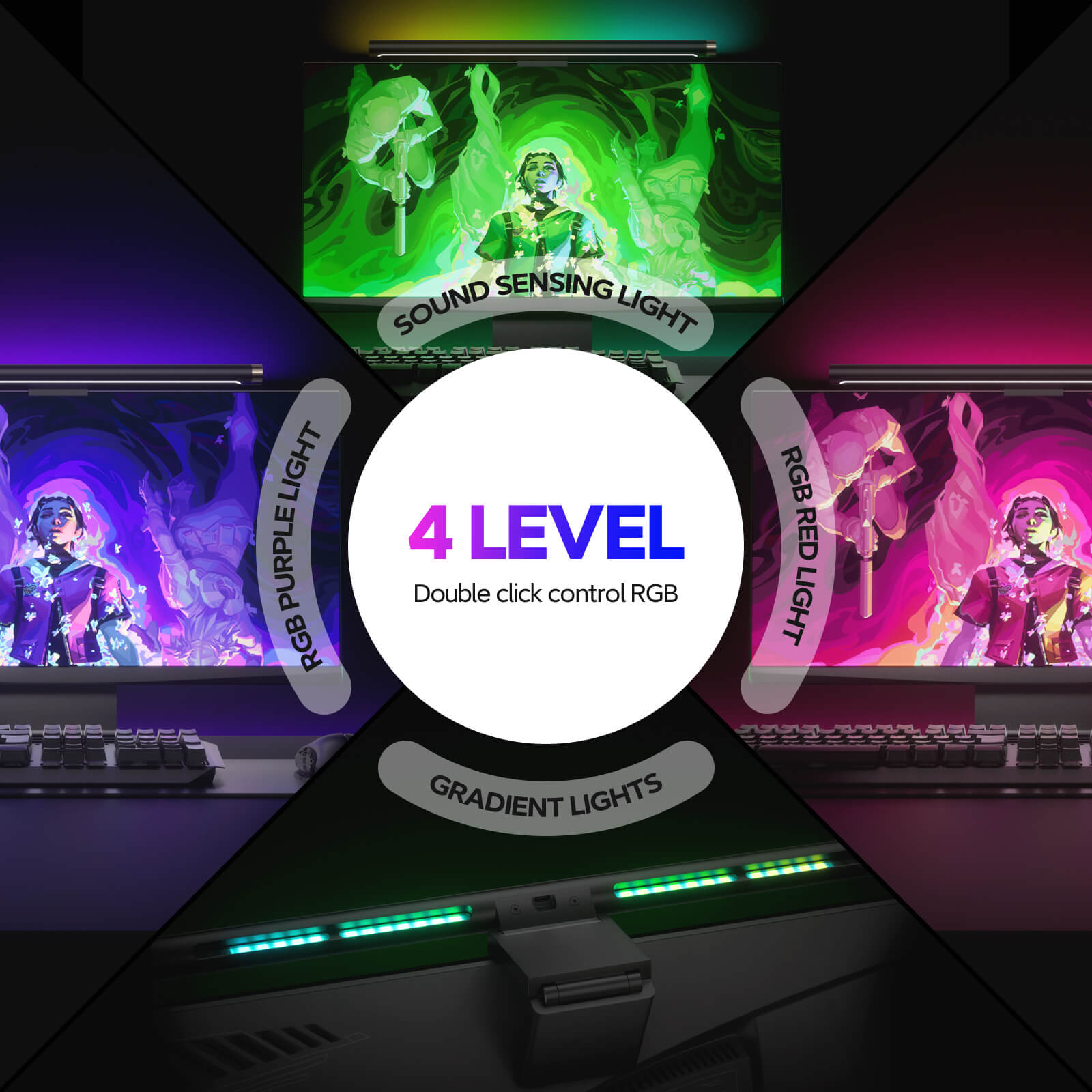 LYMAX Pro RGB Monitor Light Bar demonstrating 4-level ambient lighting modes including sound-sensing, purple, red, and gradient backlight effects for gaming desk setup.