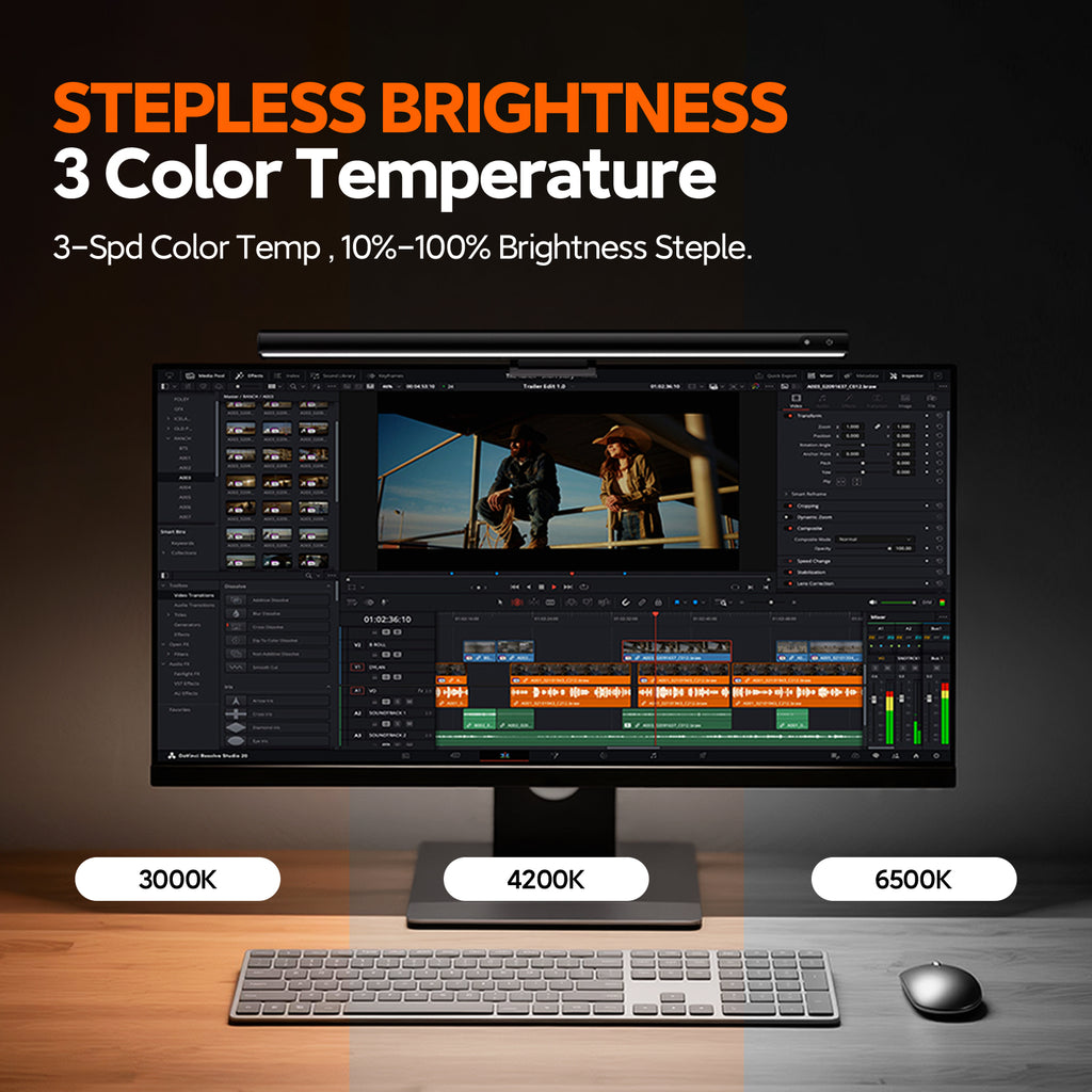 Dimmable monitor light bar with stepless brightness and 3 color temperature modes (3000K, 4200K, 6500K) for desk setup and reducing eye strain