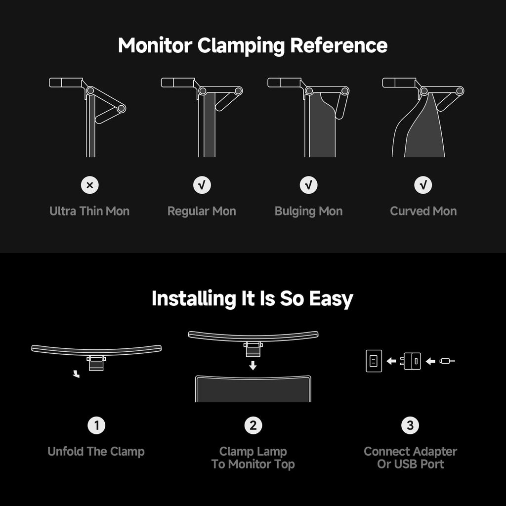 Monitor light bar clamping compatibility guide and easy 3-step installation instructions for regular, bulging, and curved monitors.
