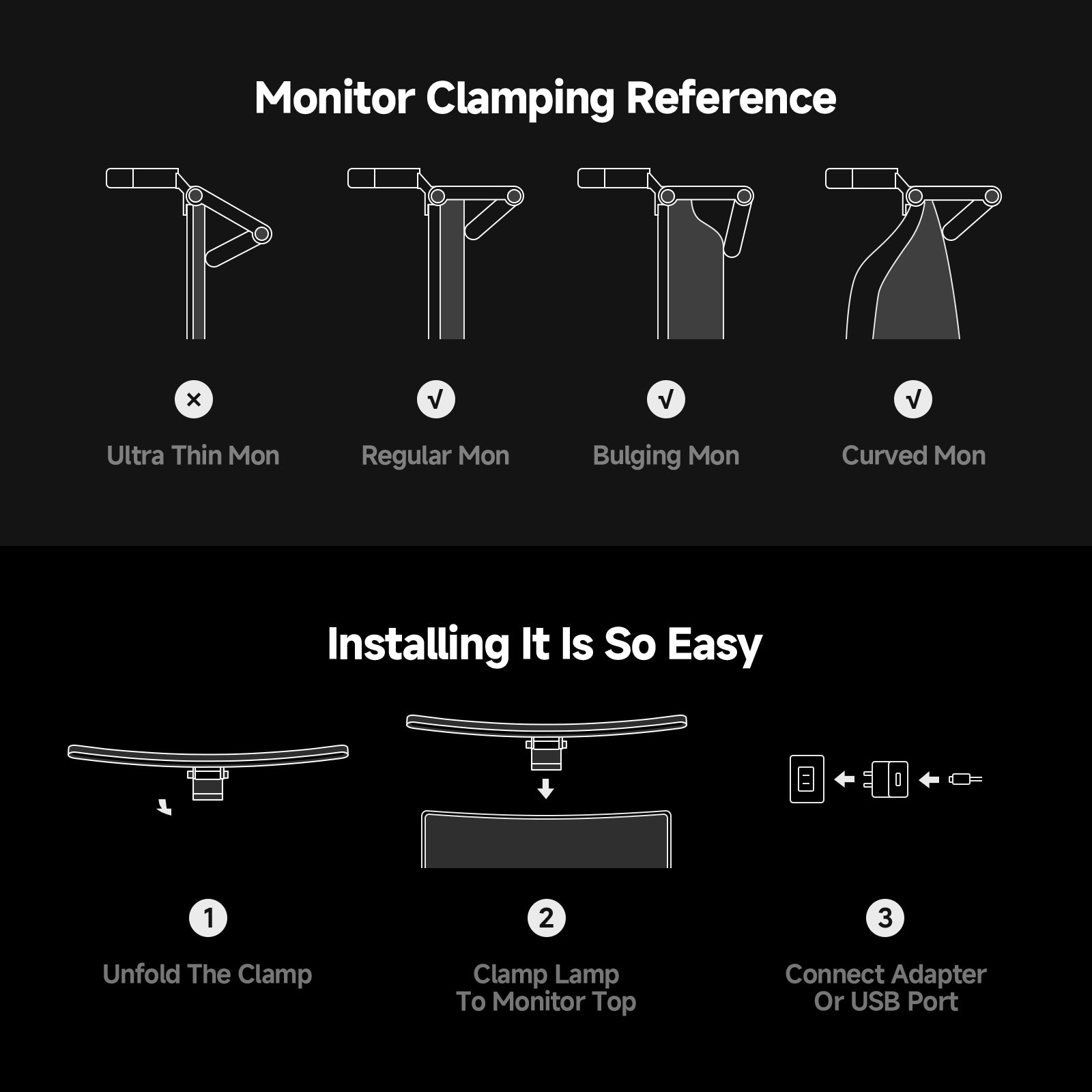 Monitor light bar clamping compatibility guide and easy 3-step installation instructions for regular, bulging, and curved monitors.