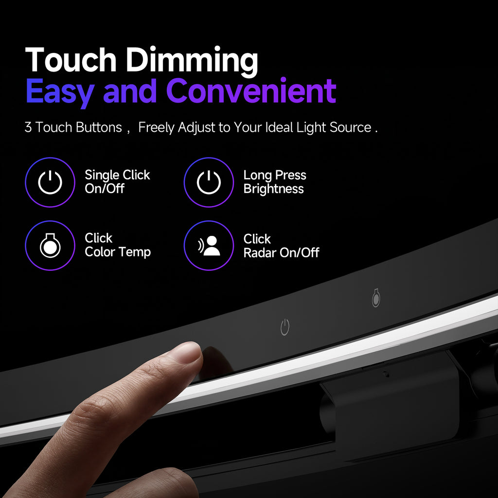 Monitor light bar with touch dimming control, features adjustable brightness, color temperature, and radar sensor.