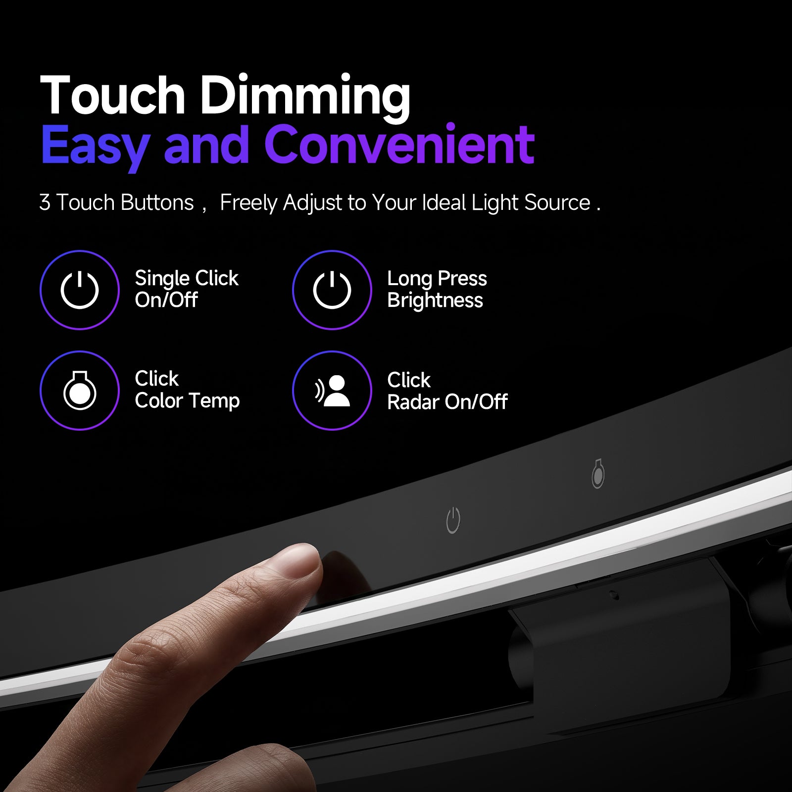 Monitor light bar with touch dimming control, features adjustable brightness, color temperature, and radar sensor.